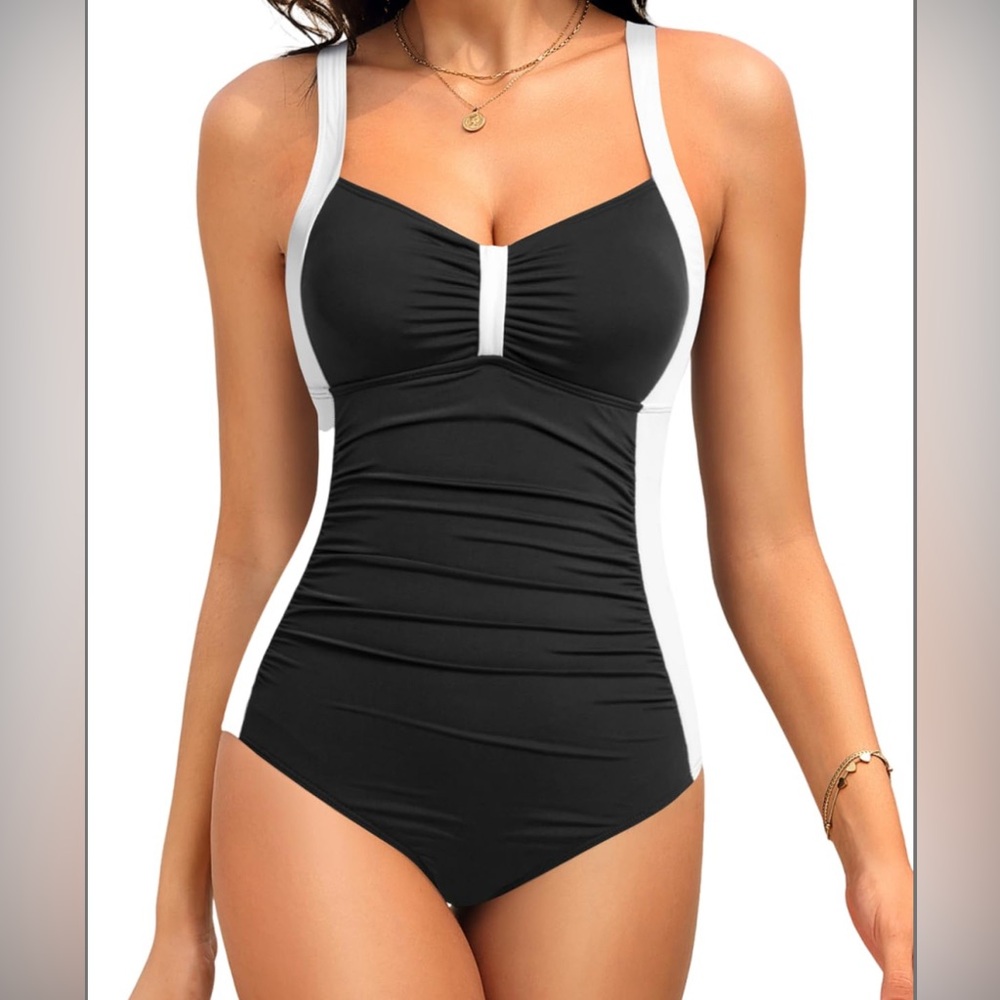 Tempt Me One Piece Swimsuit Black White Colorblock Ruched XL NWT